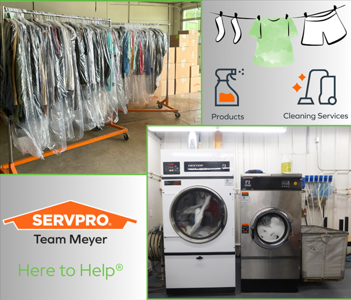 Graphic with laundry on and clothing hung up neatly at SERVPRO