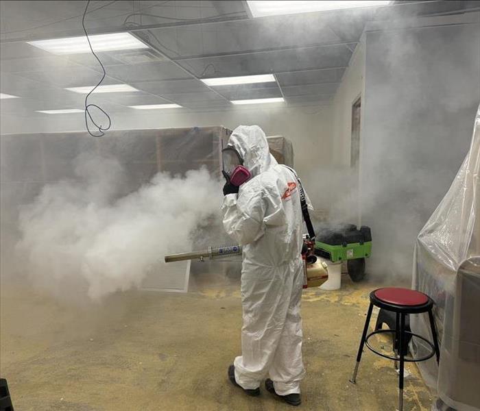 employee thermal fogging a room